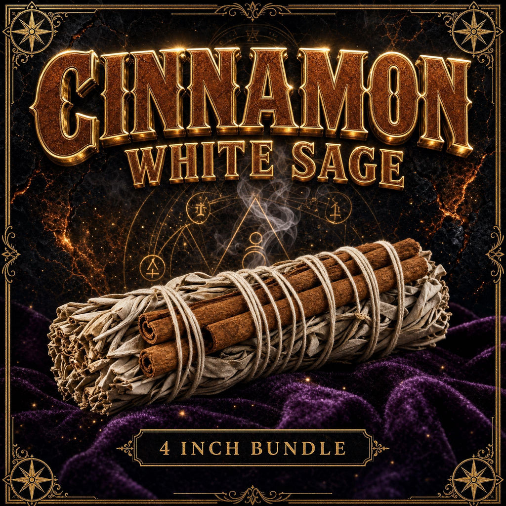 White sage smudge stick wrapped with cinnamon bark sticks, pale green leaves against warm reddish-brown spice.