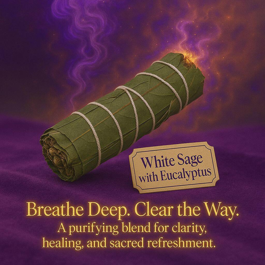 4-inch White Sage with Eucalyptus Smudge Stick – cleansing bundle with cooling herbal energy, handcrafted for purification, clarity, and spiritual breathwork from Dallas Psychic & Crystals.