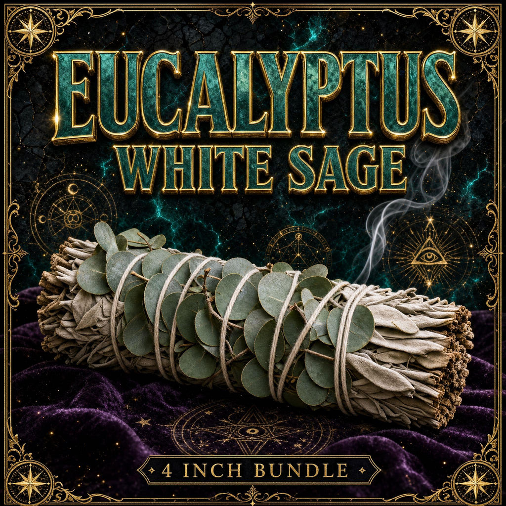 White sage smudge stick bundled with eucalyptus leaves, silver-green sage beside blue-green eucalyptus foliage.