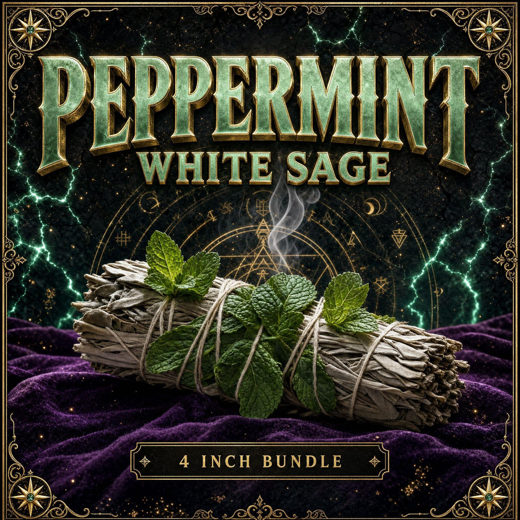White sage smudge stick wrapped with fresh peppermint leaves, bright green mint against pale silvery sage.