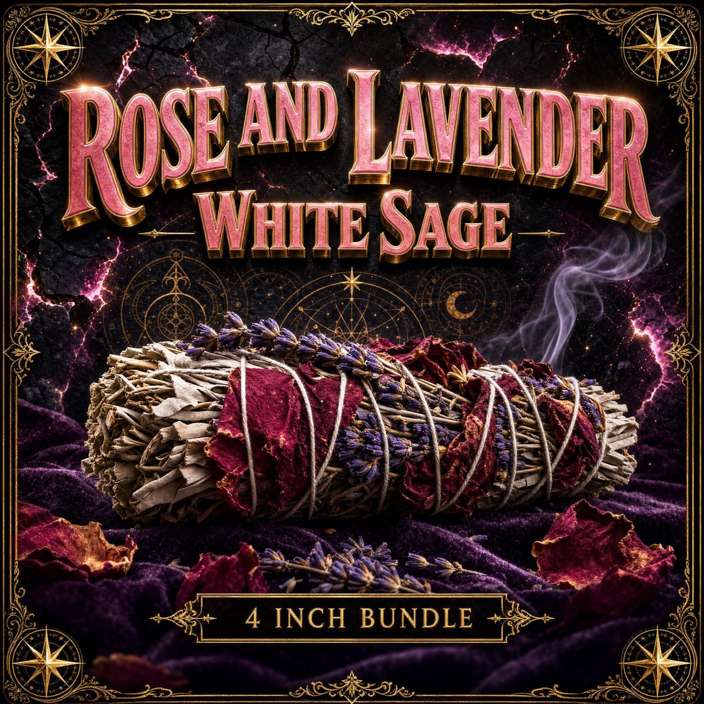 White sage smudge stick decorated with dried pink rose petals and purple lavender flowers.