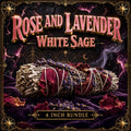 White sage smudge stick decorated with dried pink rose petals and purple lavender flowers.