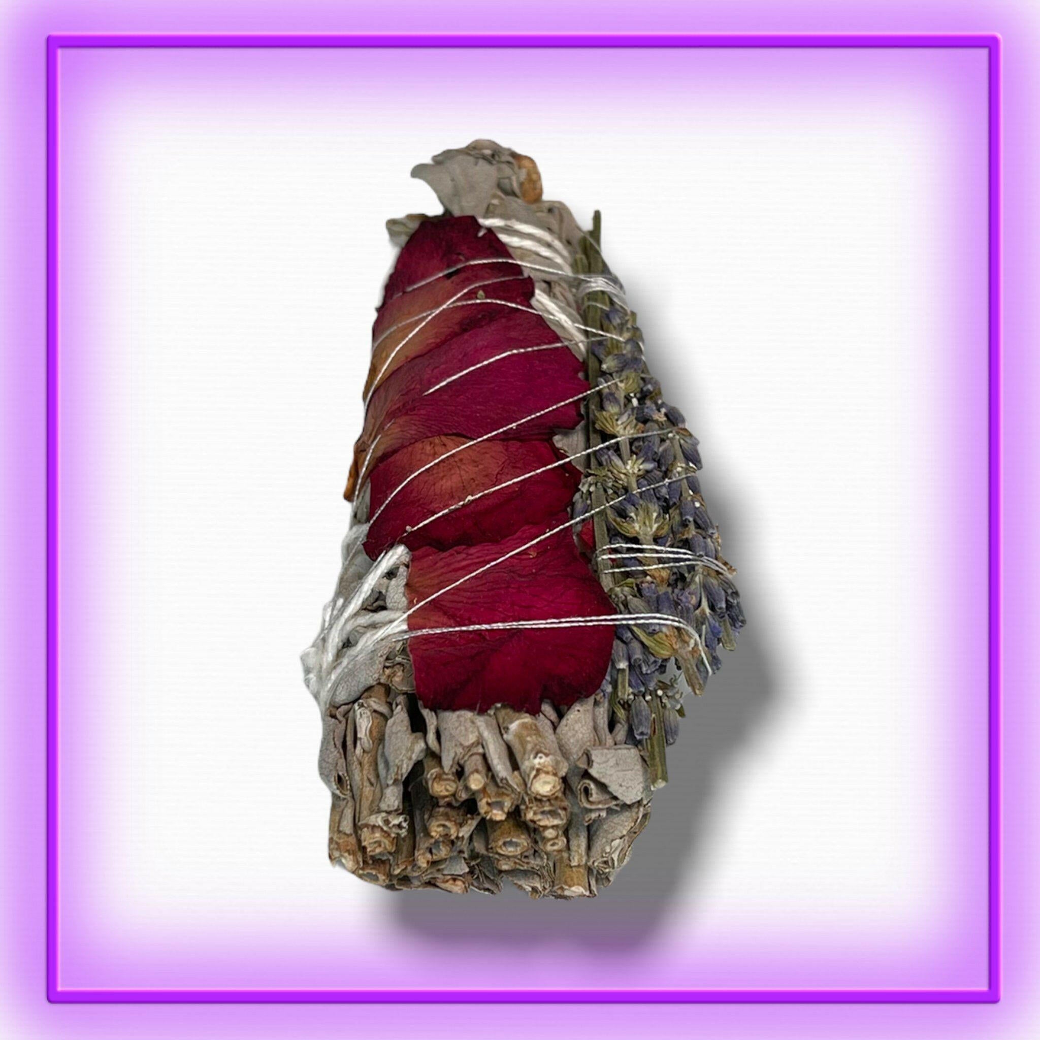 White Sage with Rose Petals and Lavender Flowers Smudge Stick - 4".