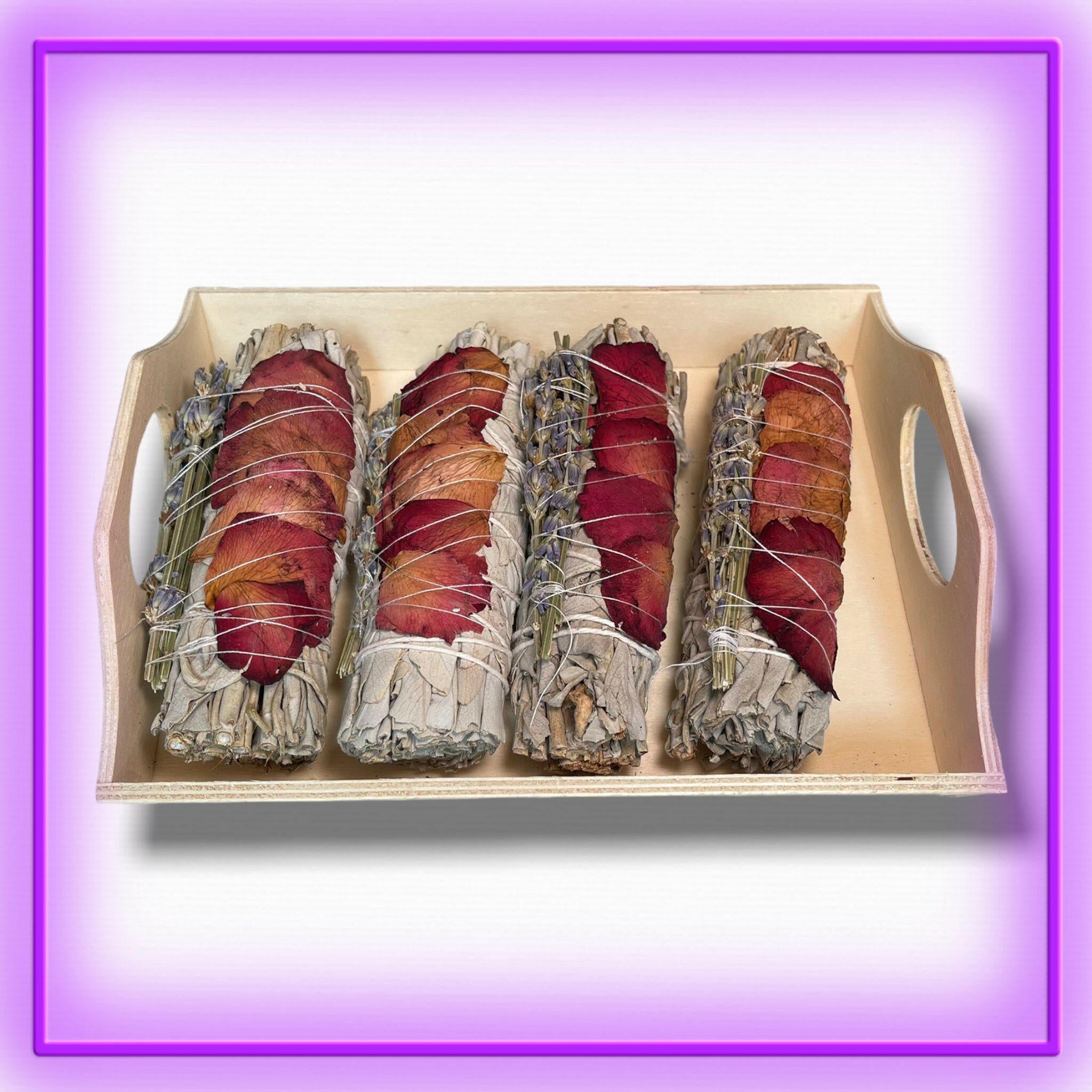 White Sage Smudge Stick with red rose petals and lavender flowers – 4-inch handmade bundle for heart chakra healing, relaxation, love rituals, and spiritual cleansing from Dallas Psychic & Crystals.