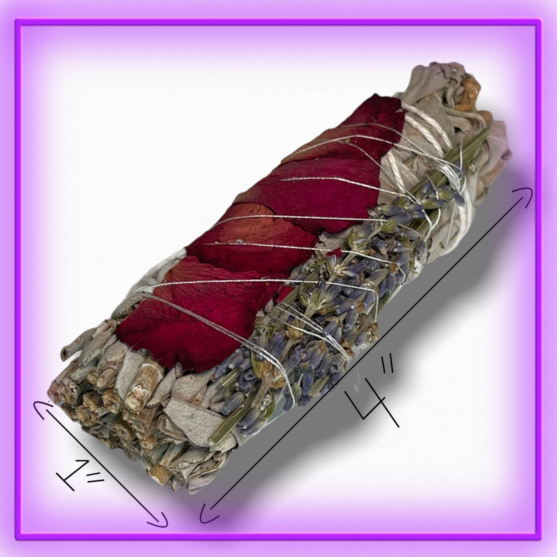 White Sage with Rose Petals and Lavender Flowers Smudge Stick - 4".